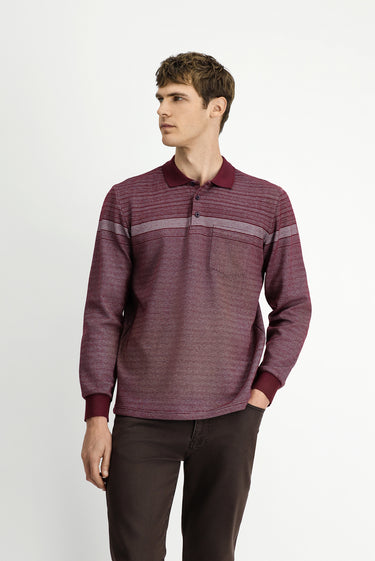Koyu Bordo Polo Yaka Regular Fit Çizgili Sweatshirt