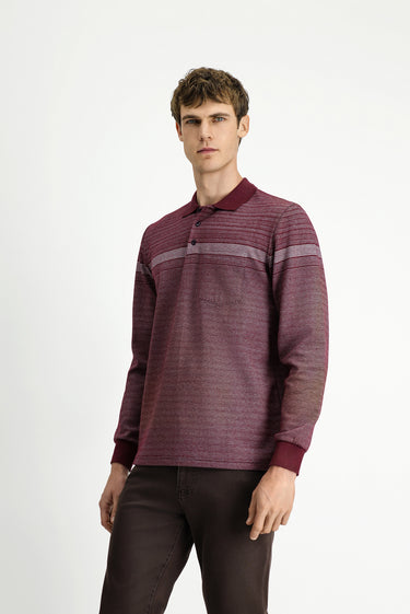 Koyu Bordo Polo Yaka Regular Fit Çizgili Sweatshirt