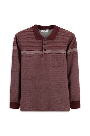 Koyu Bordo Polo Yaka Regular Fit Çizgili Sweatshirt
