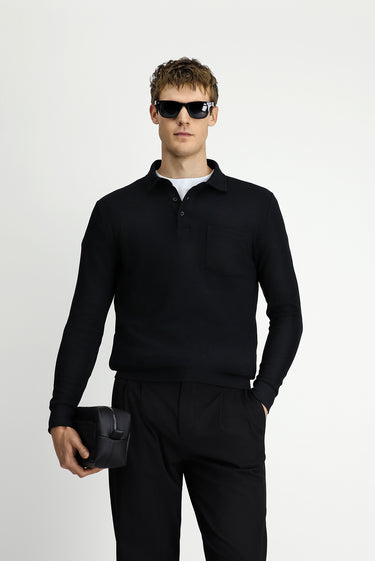 Siyah Polo Yaka Regular Fit Desenli Pamuk Sweatshirt