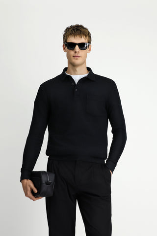 Siyah Polo Yaka Regular Fit Desenli Cepli Pamuk Sweatshirt