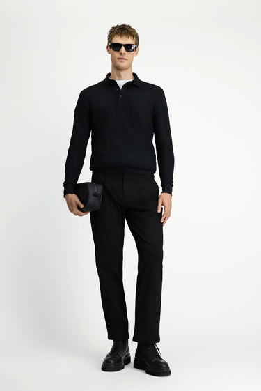 Siyah Polo Yaka Regular Fit Desenli Pamuk Sweatshirt