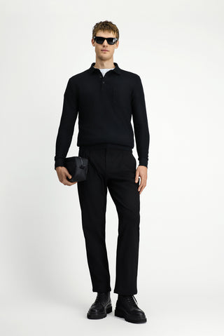 Siyah Polo Yaka Regular Fit Desenli Cepli Pamuk Sweatshirt