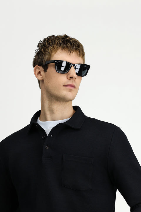 Black Polo Collar Regular Fit Patterned Cotton Sweatshirt with Pockets