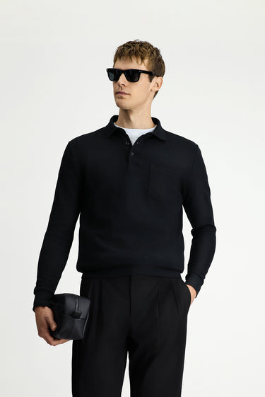 Siyah Polo Yaka Regular Fit Desenli Pamuk Sweatshirt