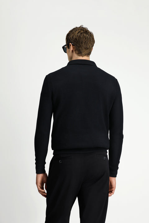 Black Polo Collar Regular Fit Patterned Cotton Sweatshirt with Pockets