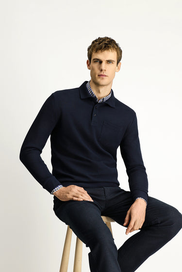 Koyu Lacivert Polo Yaka Regular Fit Desenli Pamuk Sweatshirt