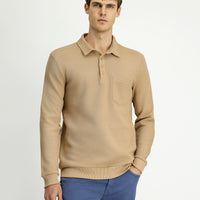 Orta Bej Polo Yaka Regular Fit Desenli Cepli Pamuk Sweatshirt