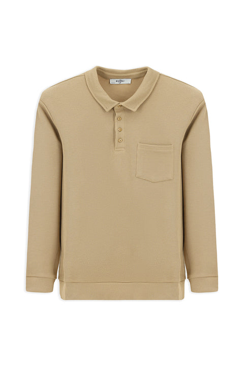 Orta Bej Polo Yaka Regular Fit Desenli Cepli Pamuk Sweatshirt