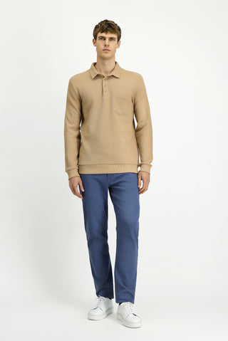 Orta Bej Polo Yaka Regular Fit Desenli Cepli Pamuk Sweatshirt