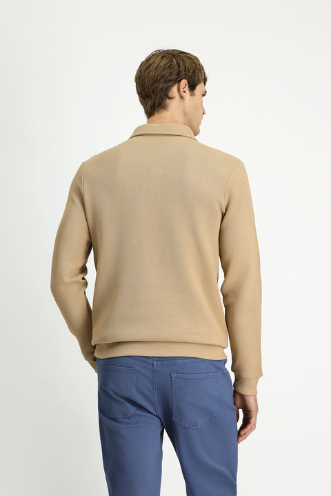 Orta Bej Polo Yaka Regular Fit Desenli Cepli Pamuk Sweatshirt
