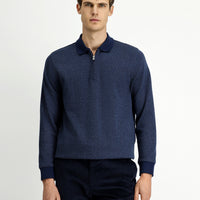 Orta Lacivert Polo Yaka Regular Fit Desenli Fermuarlı Pamuklu Sweatshirt