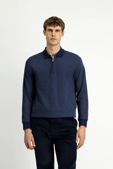 Orta Lacivert Polo Yaka Regular Fit Desenli Fermuarlı Pamuklu Sweatshirt