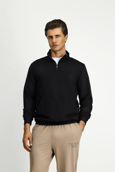 Siyah Yarım Balıkçı Yaka Regular Fit Nakışlı Fermuarlı Pamuklu Sweatshirt