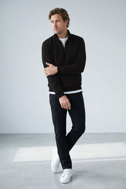 Siyah Yarım Balıkçı Yaka Regular Fit Pamuklu Mevsimlik Nakışlı 2 İplik Fermuarlı Sweatshirt