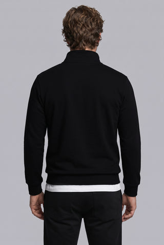 Siyah Yarım Balıkçı Yaka Regular Fit Pamuklu Mevsimlik Nakışlı 2 İplik Fermuarlı Sweatshirt