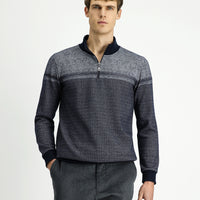 Orta Lacivert Yarım Balıkçı Yaka Yaka Regular Fit Desenli Fermuarlı Pamuklu Sweatshirt