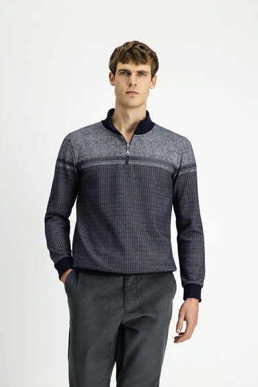 Orta Lacivert Yarım Balıkçı Yaka Yaka Regular Fit Desenli Fermuarlı Pamuklu Sweatshirt