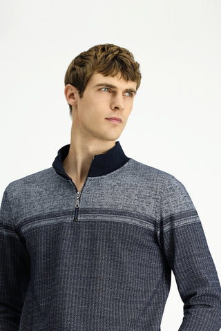 Orta Lacivert Yarım Balıkçı Yaka Yaka Regular Fit Desenli Fermuarlı Pamuklu Sweatshirt