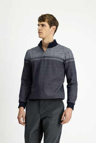Orta Lacivert Yarım Balıkçı Yaka Yaka Regular Fit Desenli Fermuarlı Pamuklu Sweatshirt