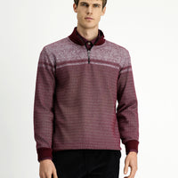 Koyu Bordo Yarım Balıkçı Yaka Yaka Regular Fit Desenli Fermuarlı Pamuklu Sweatshirt