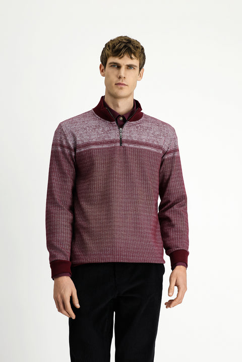 Koyu Bordo Yarım Balıkçı Yaka Yaka Regular Fit Desenli Fermuarlı Pamuklu Sweatshirt