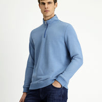 Aviator Blue Half Turtleneck Regular Fit Zip-Up Cotton Sweatshirt
