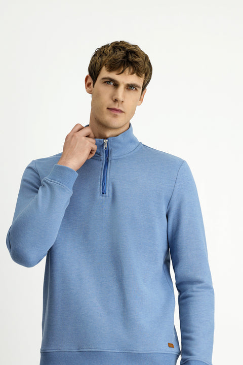 Aviator Blue Half Turtleneck Regular Fit Zip-Up Cotton Sweatshirt