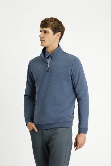 İndigo Melanj Yarım Balıkçı Yaka Yaka Regular Fit Fermuarlı Pamuklu Sweatshirt