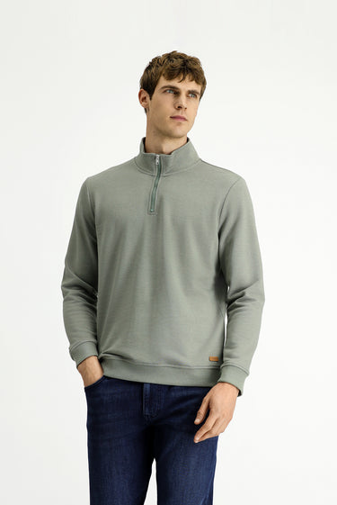 Açık Haki Yarım Balıkçı Yaka Yaka Regular Fit Fermuarlı Pamuklu Sweatshirt