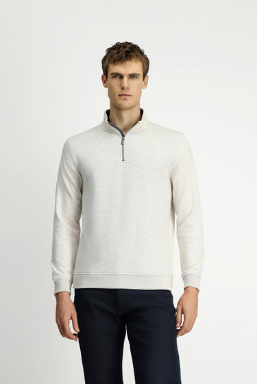 Açık Bej Yarım Balıkçı Yaka Regular Fit Fermuarlı Pamuklu Sweatshirt