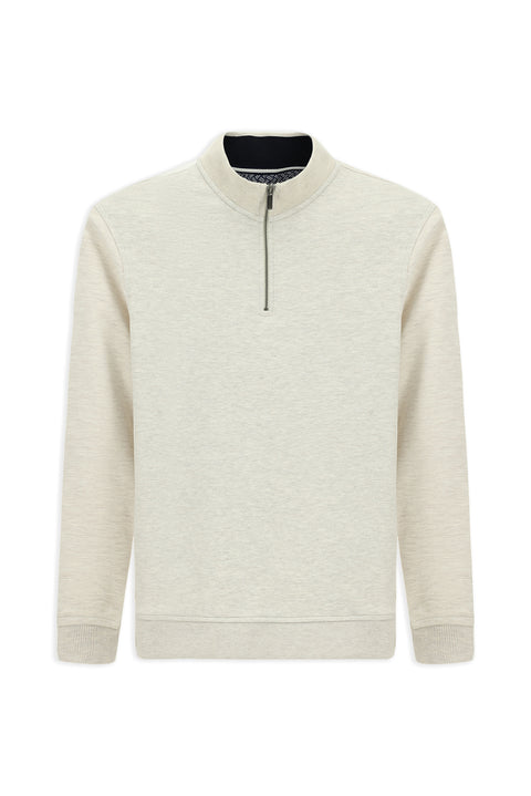 Light Beige Half Turtleneck Regular Fit Zip-Up Cotton Sweatshirt