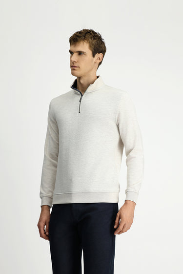 Açık Bej Yarım Balıkçı Yaka Regular Fit Fermuarlı Pamuklu Sweatshirt
