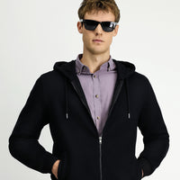 Black Hooded Zip-Up Cotton Sweatshirt Cardigan