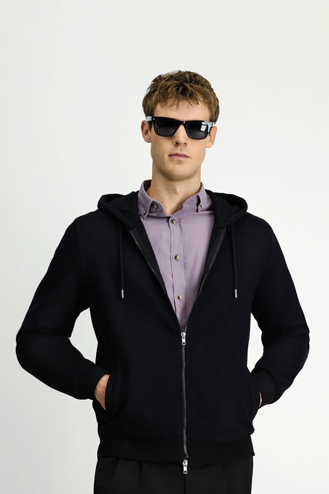 Black Hooded Zip-Up Cotton Sweatshirt Cardigan