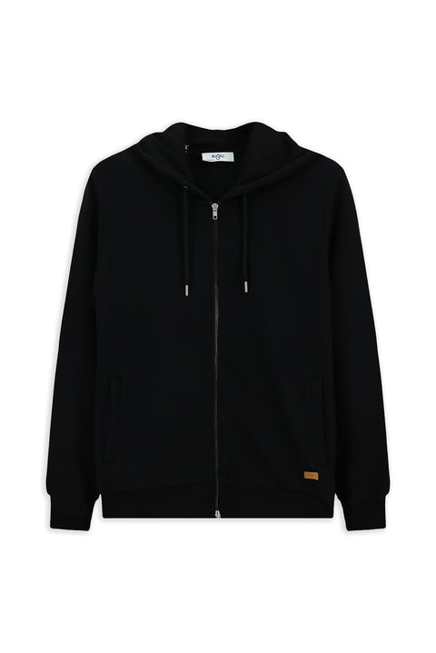 Black Hooded Zip-Up Cotton Sweatshirt Cardigan