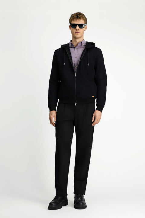 Black Hooded Zip-Up Cotton Sweatshirt Cardigan