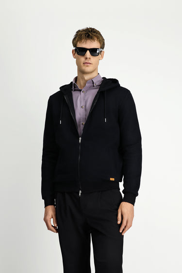 Siyah Kapüşonlu Fermuarlı Pamuklu Sweat Hırka
