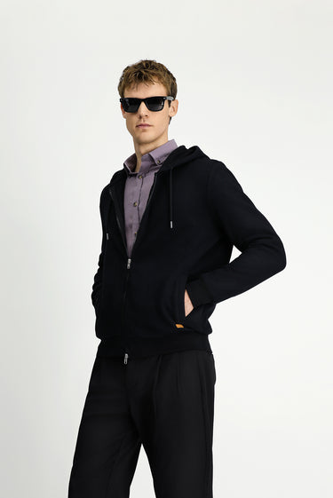 Siyah Kapüşonlu Fermuarlı Pamuklu Sweat Hırka