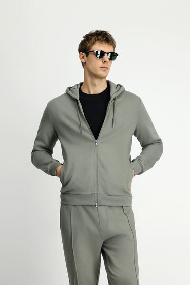 Açık Haki Kapüşonlu Fermuarlı Pamuklu Sweat Hırka