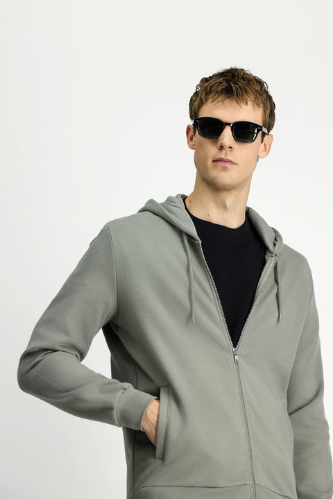 Light Khaki Hooded Zip-Up Cotton Sweatshirt Cardigan
