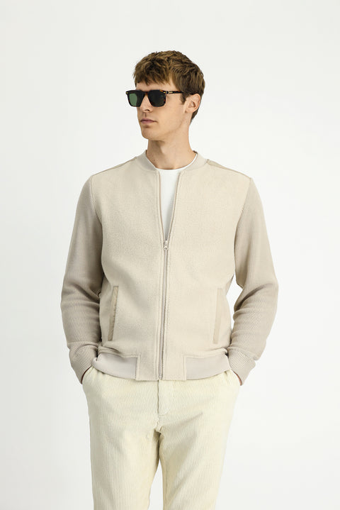 Açık Bej Pamuklu Fermuarlı Polar Sweat Hırka