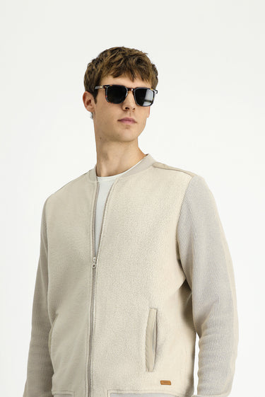 Açık Bej Pamuklu Fermuarlı Polar Sweat Hırka