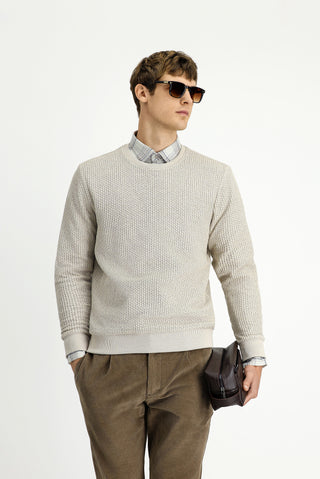 Aç?k Bej Bisiklet Yaka Regular Fit Desenli Pamuklu Sweatshirt-Ki??l?