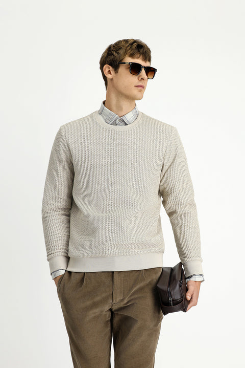 Açık Bej Bisiklet Yaka Regular Fit Desenli Pamuklu Sweatshirt