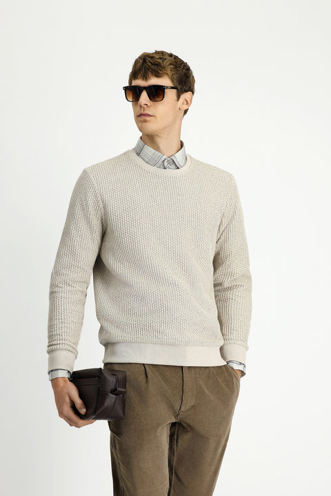 Açık Bej Bisiklet Yaka Regular Fit Desenli Pamuklu Sweatshirt