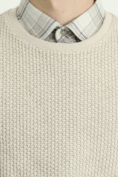 Açık Bej Bisiklet Yaka Regular Fit Desenli Pamuklu Sweatshirt