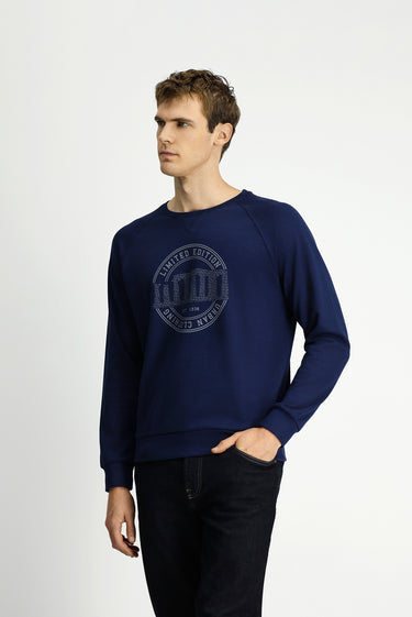 Koyu Lacivert Bisiklet Yaka Regular Fit Baskılı Pamuk Sweatshirt