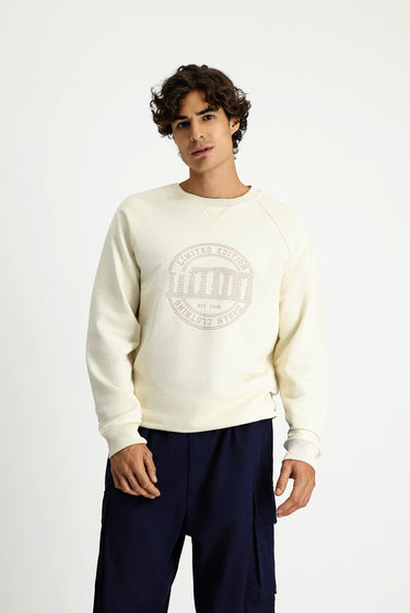 Ekru Bisiklet Yaka Regular Fit Baskılı Pamuk Sweatshirt