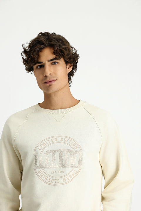 Off-white Crew Neck Regular Fit Printed Cotton Sweatshirt